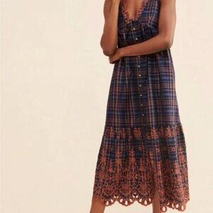 Anthropologie Eyelet Plaid Maxi Dress Navy & Orange Lace Trim - Size M